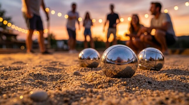 Metal bocce balls rest on a sandy court at a park during dusk.