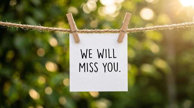A handwritten message saying We Will Miss You on white paper hung with clothespins on a rope.