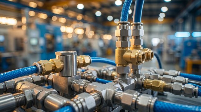 Industrial pneumatic tools and valves connected to a compressed air system in a factory.