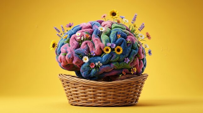 Colorful human brain composed of diverse wildflowers in a wicker basket representing neurodiversity.
