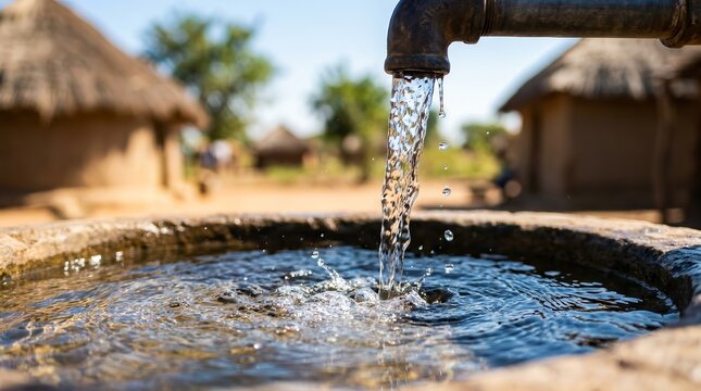Clean water flows from a village well tap into a communal basin.