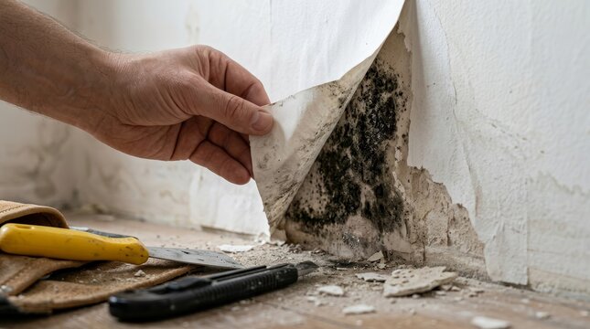 Hand peeling back damp wallpaper to reveal toxic black mold growing on the wall.