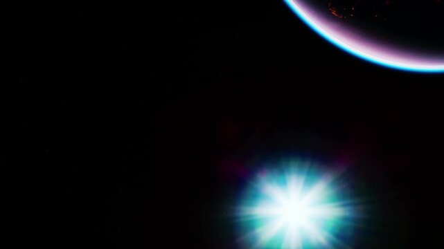 In the vastness of space, a bright star is visible near a planets curved edge. The scene captures the beauty of the cosmos with dark space surrounding it.