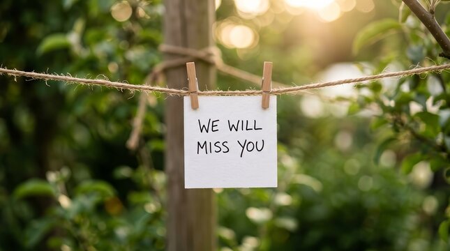 A handwritten message saying We Will Miss You on white paper hung with clothespins on a rope.