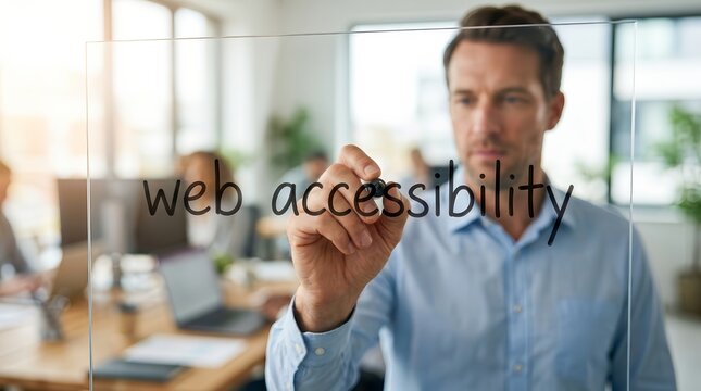 Man writing web accessibility text on a transparent glass screen.