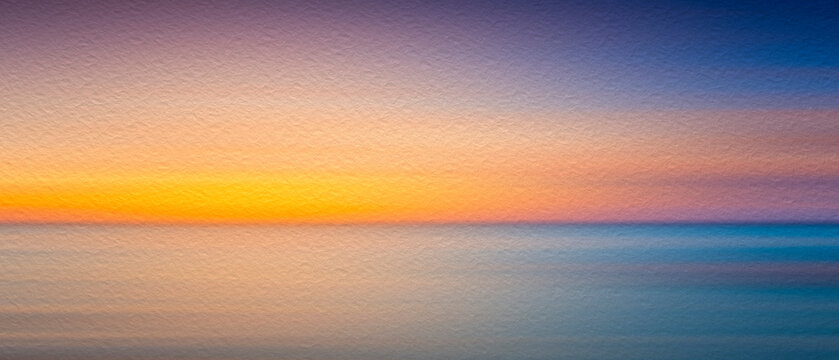 Sunset Sunrise colors paint calm ocean surface. Horizon shows soft gradient from orange deep blue. Water mirrors sky's vibrant hues without ripples, Watercolor painted textured paper