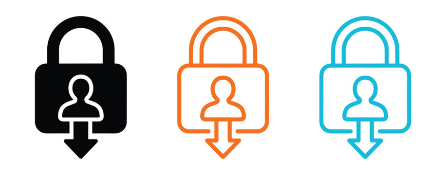 Security Icons: A set of three stylized padlock icons, each featuring a silhouette of a person with an downward arrow, symbolizing secure access, privacy, and data protection.