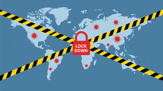 Global Lockdown Concept: A world map depicting continents under a global lockdown, symbolized by warning tape and a prominent red padlock labeled Lock Down.