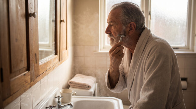 Older man shaving in a bathroom mirror wearing a white robe  