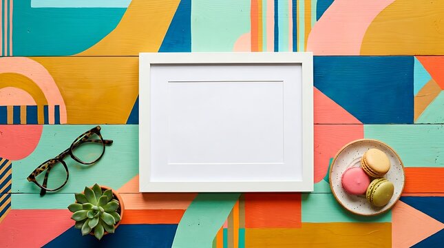 White picture frame mockup on colorful painted wooden surface with macarons and glasses.