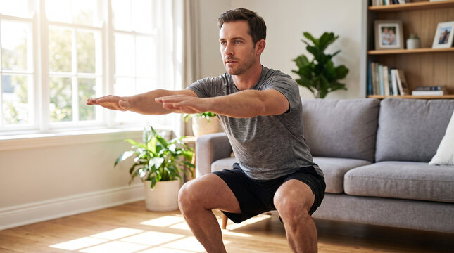 Man squatting in living room during exercise workout  