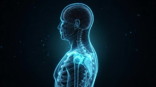 Futuristic digital human with glowing blue anatomy and visible skeleton, representing artificial intelligence, medical technology, neural networks, data and human innovation.