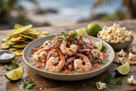 Ecuadorian Shrimp Ceviche with Lime Red Onion Tomato Cilantro Popcorn and Plantain Chips