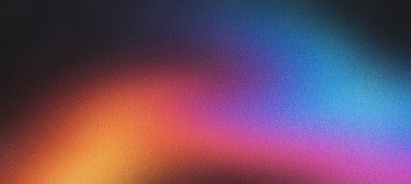 Vibrant rainbow light leak with grainy texture on black background. Abstract neon color gradient with film grain effect. Retro aesthetic prism glow for creative overlay and artistic design.