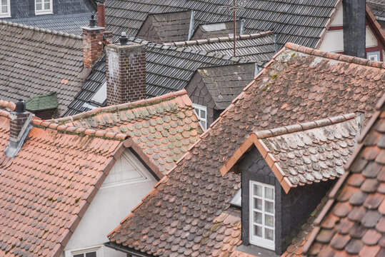 Full frame close-up of assorted Traditional Pitched Rooftops, Marburg, Hesse, Germany