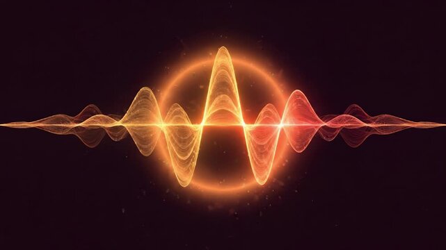 Glowing golden sound wave passing through a bright circular pulse on a dark background, representing audio technology, voice recognition, music, frequency and digital communication.