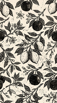 Monochrome linocut botanical seamless pattern featuring classic black and white hand-carved citrus fruits, leaves, and blossoms.