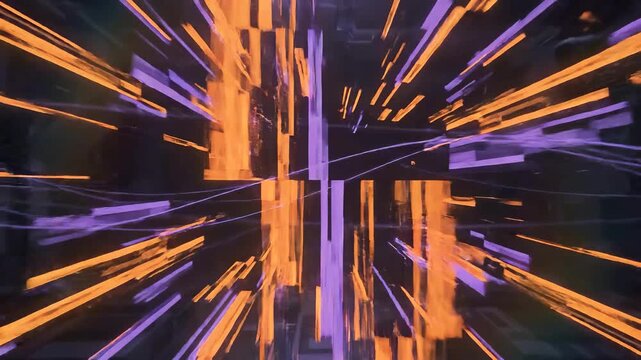 Abstract orange and purple light streak zooming through digital tunnel in fast motion transition