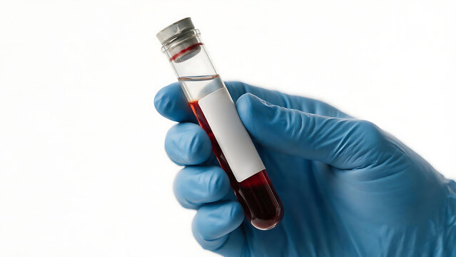 A test tube containing donor blood is in the doctor's hands, to test for cholesterol and infection.