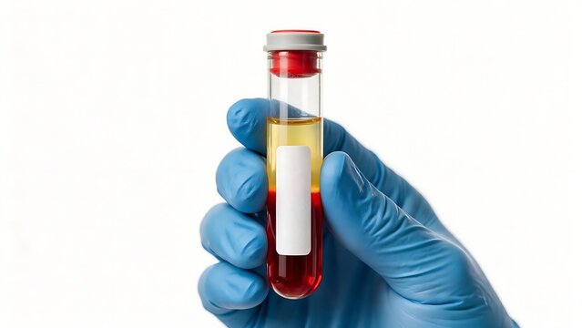 A test tube containing donor blood is in the hands of a doctor, to test for cholesterol and infection (medical research and development).