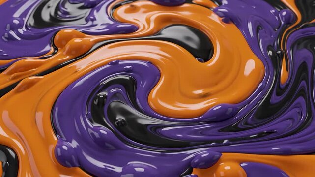 Swirling orange purple and black paint blending together in smooth liquid marble texture pattern