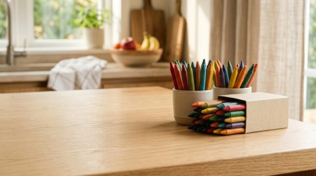 Colorful crayons in kitchen on oak island with natural light and copy space for advertising