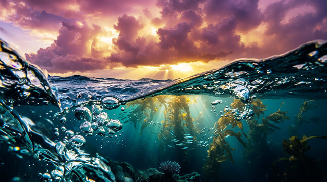 Split View Ocean Sunset with Golden Sunburst over Underwater Kelp Forest and Swimming Fish School