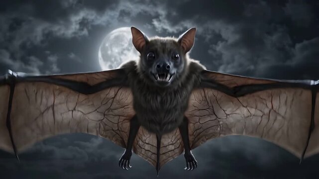 Fierce vampire bat spreads wide wing against glowing full moon in dark cloudy night sky