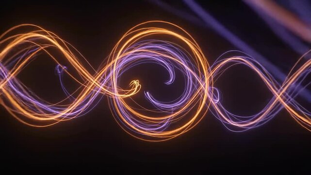 Abstract orange and purple light trail swirl forming glowing infinity loop pattern in dark space