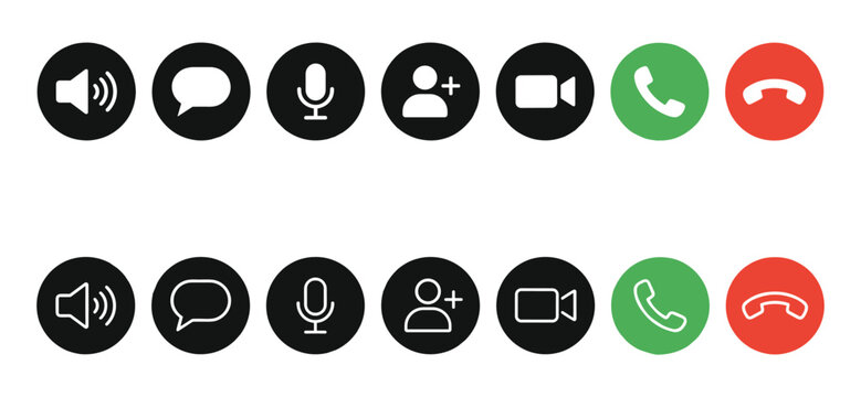 Video call interface icons: A set of clean, modern icons representing common functions for video conferencing and communication applications, including sound, chat, microphone, user add, video camera.