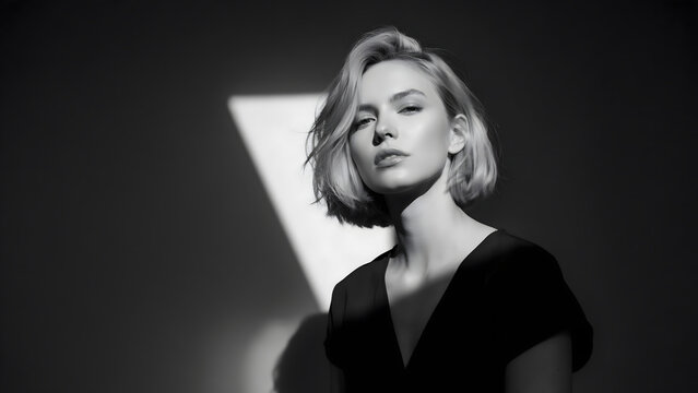 Black and white studio portrait of a young woman with short blonde hair, illuminated by a triangular beam of light against a dark background