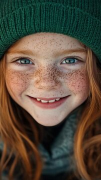 Smiling Girl with Freckles and Blue Eyes in a Green Knit Beanie