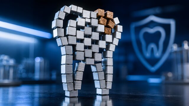 Metallic tooth shape made of silver blocks with brown sugar blocks indicating decay. Concept of strong oral health education, dental hygiene awareness, and sugar effect on teeth.