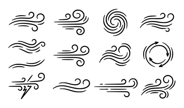 Hand drawn wind swirl and airflow speed wave line art editable vector collection