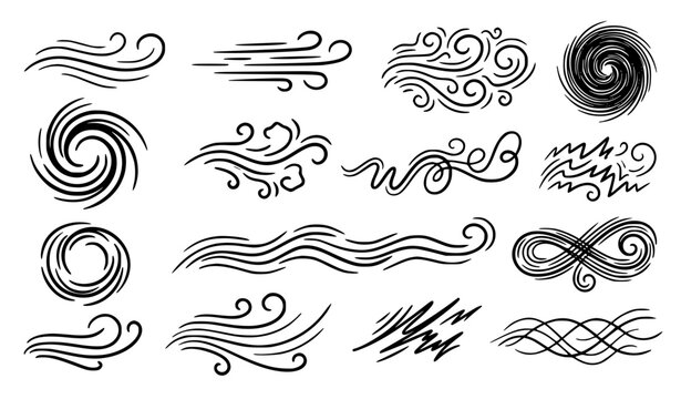 Storm wind airflow swirl and motion doodle black line vector illustration set
