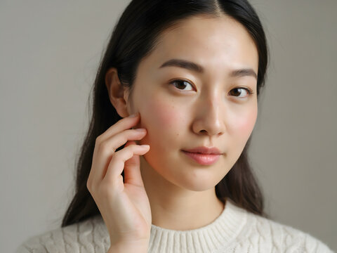 Close-up portrait of a young asian woman with natural makeup, glowing skin, and a white knitted sweater, touching her face, neutral background