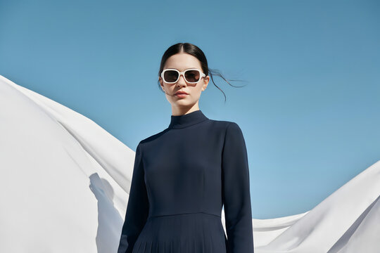 Fashion portrait of a woman wearing a dark blue neck dress and white sunglasses standing against a clear blue sky with white fabric