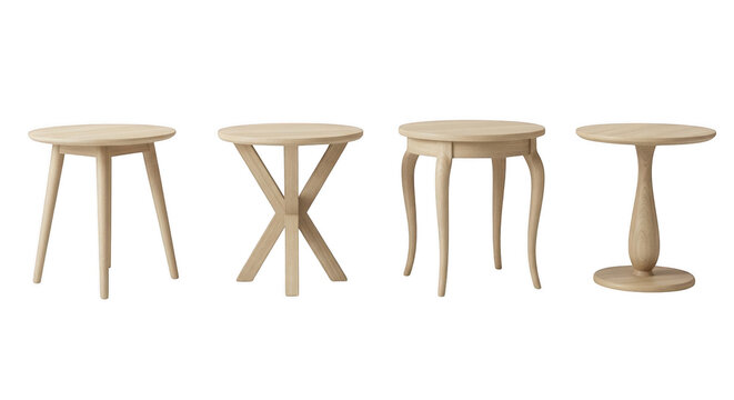 Four small wooden side tables isolated on transparent background