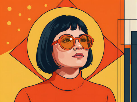 Of a woman with a black bob haircut, wearing orange sunglasses, orange turtleneck, geometric shapes, yellow and orange background