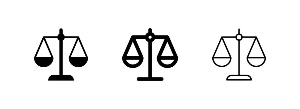 Justice and balance scale icon set representing equality and law in solid, bold outline, and thin outline styles