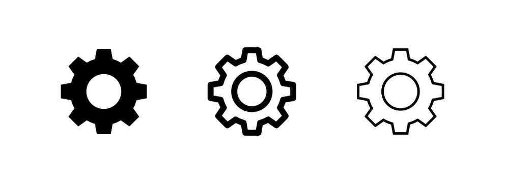 Single gear icon set. Black and white vector symbols for settings, machinery, or process.