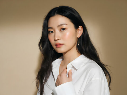 Portrait of a young asian woman with long dark hair wearing a white shirt and pearl earring, posing against a soft beige studio background