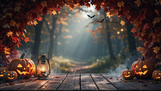 Halloween Pumpkins and Lantern Concept - Wooden Table in Misty Autumn Forest, Cinematic Background with Bats, Spooky Night, Horror Atmosphere, October Holiday, Autumn Decoration and Jack-O-Lantern