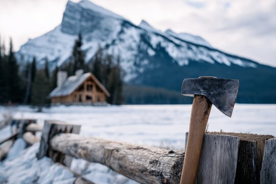 Axe embedded in a log fence within a snowy winter landscape, featuring mountains, a frozen lake, and a rustic cabin, evoking seasonal outdoor wilderness.