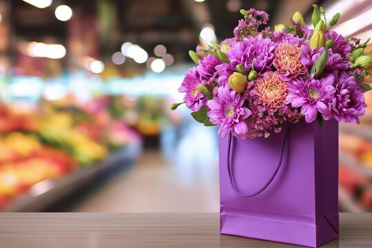 Bright flower bouquet arranged in a purple shopping bag, set against a softly blurred supermarket aisle, representing fresh purchases, grocery shopping, and cheerful everyday life.