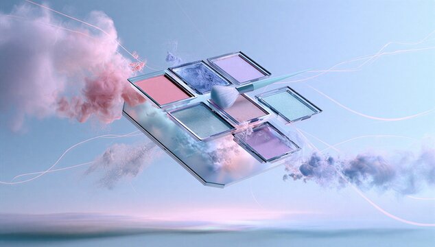 A dynamic digital graphic with soft pastel clouds and abstract lines, featuring a stylized square object with multiple reflective surfaces