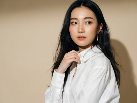 Young asian woman with long dark hair wearing a white shirt, posing with hand near chin against a soft beige studio background, side view