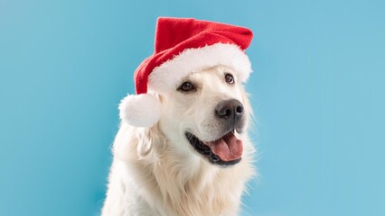 Naklejka premium Happy Dog Smiling At Camera, Wearing Red Santa Hat, In Front Of Bright Blue Background, Celebrating Festive Season, Perfect For Holiday Concept And Pet Love.