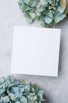 Blank square card mockup on a textured gray surface surrounded by green and blue hydrangea flowers creating a natural and elegant composition for design purposes
