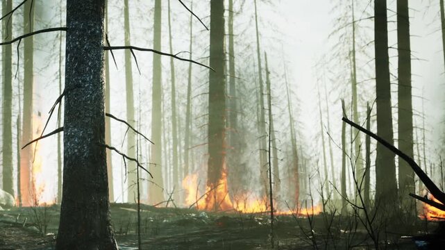 Flames burn in a forest area as smoke fills the air. Tall trees stand around, showing signs of fire damage. The scene captures a moment of environmental destruction.